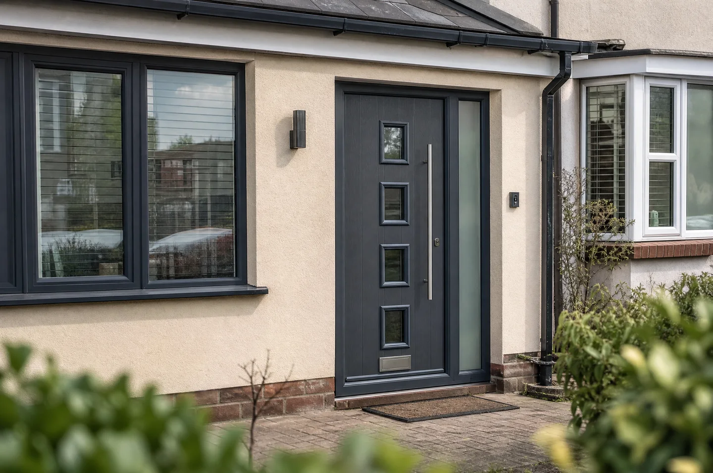 Rendered UK home with an anthracite grey bay window and front door